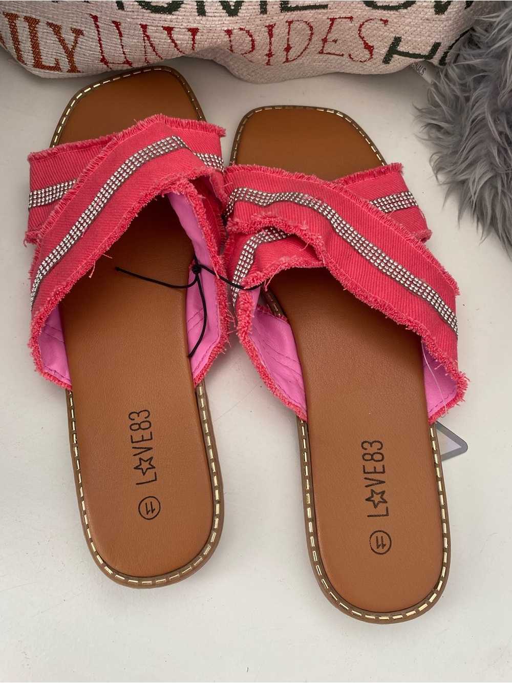 Love Pink Frayed Slide Sandals with Rhinestone Straps